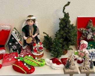 Holiday Decor Lot - Little Drummer Bowl Figurine, Santa Music Box, Ornaments, Bottle Brush Trees, & More 
