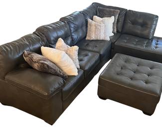 Ashley Furniture 3 Piece Faux Leather Sectional With Chaise, Pillows, And Ottoman 