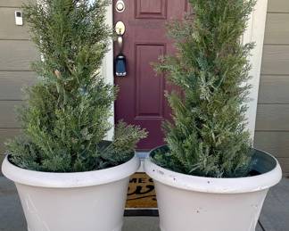 (2) Large Resin Planters With Faux Trees