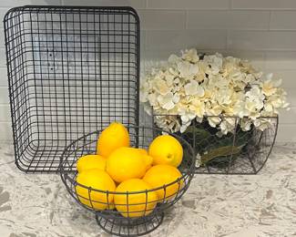 3 Decorative Metal Wire Basket With Faux Lemons And Flowers