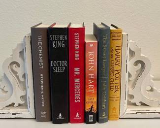 Pair Of White Shabby Chic Book Ends With Books - Harry Potter, Chemist, Street Lawyer, Doctor Sleep, And More