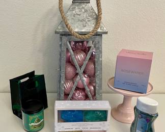 Lantern Filled With Pink Ornaments, Gemstone Soap Set, Aromatherapy Candles, Body Wash, Pink Pedestal