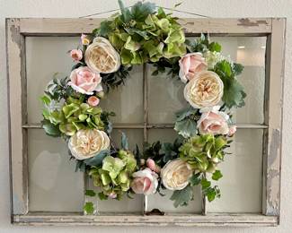 Antique Window With Faux Floral Wreath