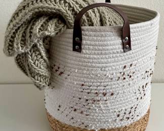 Woven Cotton And Wicker Basket Tote With A Threshold Sage Green Woven Throw