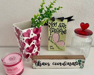 Decor Lot - Chaos Coordinator Sign, Precious Porcelain, Glass Heart Lidded Jar, Heart Vase, & Candle 