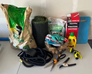 Garden Lot - Fiskers, Shears, Hose And Nozzle, Potting Mix, Gloves, Planter, And More