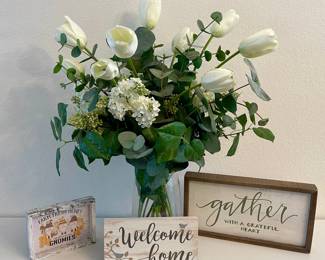Glass Vase With Faux Flowers, Wood Signs - Gather, Welcome Home, And Farm Fresh Honey