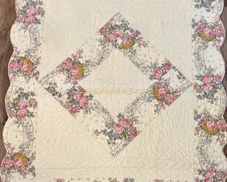 48" X 56" Scalloped Edged Floral Hand Stitched Quilted Throw