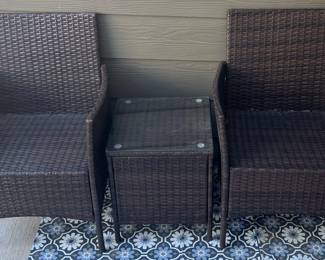 Woven Rattan Patio Set - 2 Chairs With Matching Glass Top Side Table