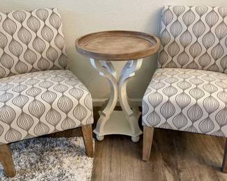 2 Dwell Home Inc. Material Side Chairs And A 2 Tone White And Light Wood Round Side Table 