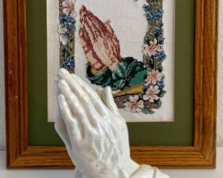 1991 Framed Needlepoint And Iridescent Pottery Praying Hands Figurine 