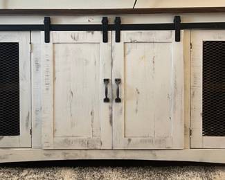 International Furniture Direct White Rustic Sliding Barn Door Media Stand  With 2 Wire Front Doors 