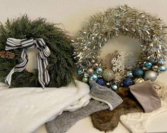 Berkshire Faux White Fur Tree Skirt, (3) Stockings, & (2) Wreathes With Faux Pinecones And Ornaments 