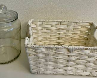 Faux Wicker Basket With Metal Handles And Lidded Glass Canister 