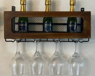 Decorative Wall Hanging Wine Bottle And Glass Rack With 4 8.5" Wine Glasses