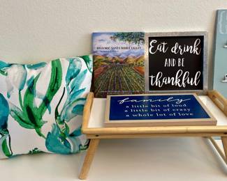 (3) Home Decor Signs With Folding Tray - Family, Eat Drink, & Note To Self With Clips & Floral Accent Pillow