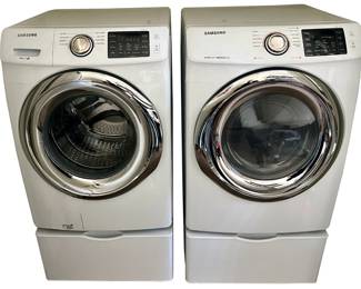 Pair Of Samsung Front Loading 7.5 Cu. Ft Dryer And 4.5 Cu. Ft. Washer With Single Drawer Pedestals 