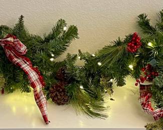 Pair Of Lighted 8 Foot Holiday Garlands With Faux Pinecones, Berries, & Ribbon 