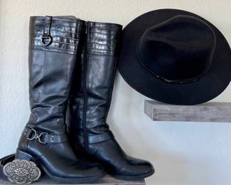 Pair Of Bandolino Black Leather Boots Size 7.5, Black Felt Hat, Bonded Leather Belt With Silver Tone Buckle
