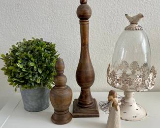 Home Decor - Shabby Chic Metal Clouche, Willow Tree Angel, (2) Faux Plants, (2) Wood Finials 