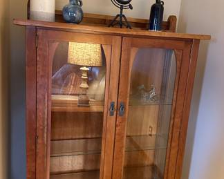 Wood Curio Cabinet  /Bookcase by New Forest 
15" x 43" x 60" h
3 adjustable shelves 
Cherry solids & Veneers 