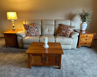 Torino Dual Power Reclining Leather Couch, Taupe 
Leick Furniture, New Forest Coffee Table  and end tables 
Cherry Solids & Veneers 