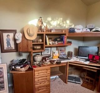 Heavy corner desk, Native American Indian pottery, men's hats, ties, artwork