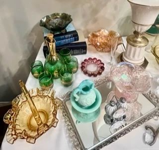 Colorful glassware, some luster glass, vintage ashtrays