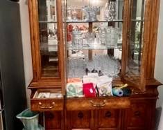 Hutch, glassware imported  from France, kitchen hand towels, placemats, silverware