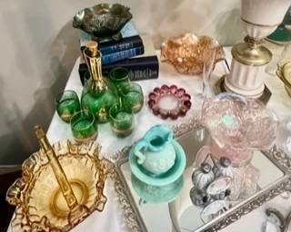 Colorful glassware, some luster glass, vintage ashtrays