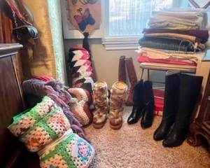 fabric remnants, vintage women's boots - good condition, leather