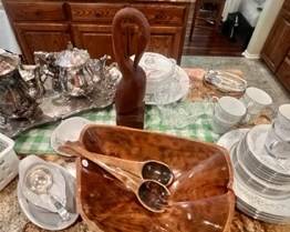 Wood carved bowls, tea service, china set (priced to sell)