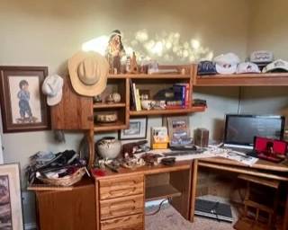 Heavy corner desk, Native American Indian pottery, men's hats, ties, artwork