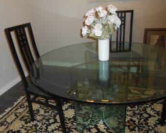 Glass dining table, black laquer dining chairs