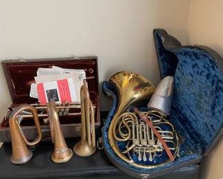 Antique French Horn with case, student trump with case, and 3 bugles