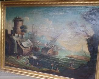 ee.  antique 19th C. ship battle scene oil painting was $2200  buy now $900....sold