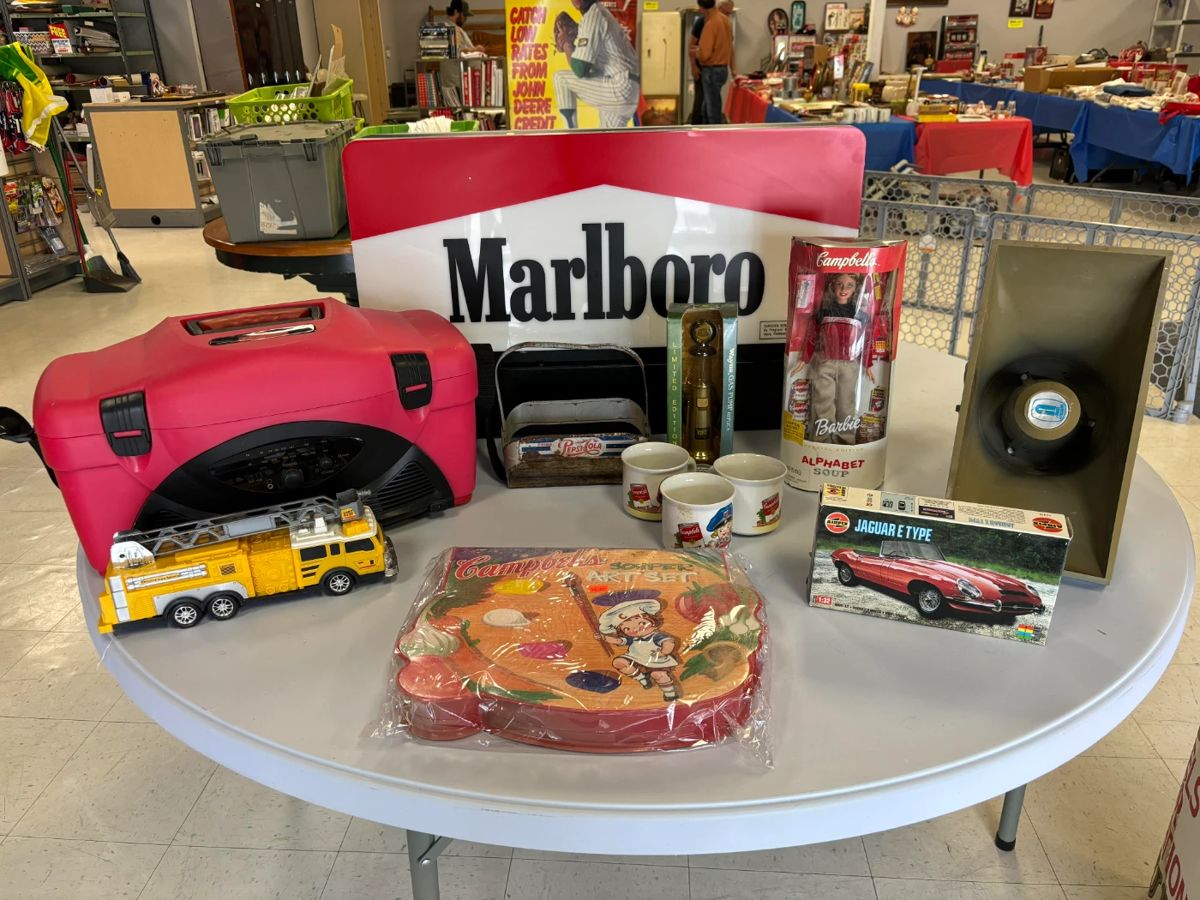 Marlboro sign, Budweiser radio tackle box, model kits, Campbell soup collection, John Deere collection, Hotwheels