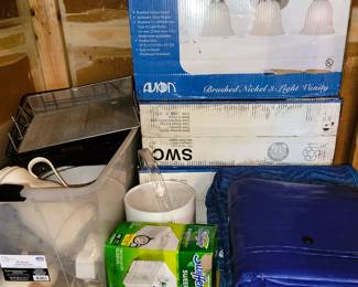 New in box light fixtures, tarps and household items
