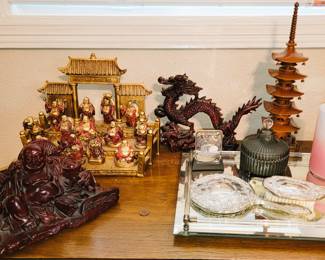 Oriental Buddhas, dragon and temple.  Dresser set