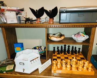 Home office: Printer, wood chess set, organizer, marble book ends, small plane