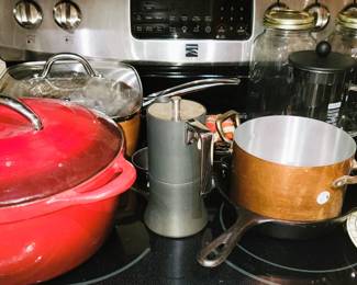 Enamel pot, copper pots, espresso machines and jars