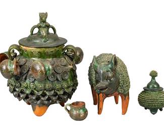 Mexican greenware folk art pieces, includes piggy bank