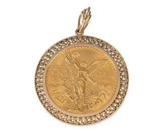 Mexican Gold 50 Peso Coin Pendant, coin dated to be from 1947, 37.5 grams Oro Puro