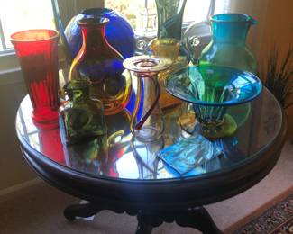 Blenko glass pitcher; vase; bowl; double spout