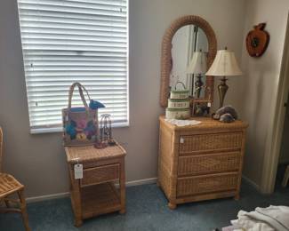Woven rattan 3drawer chest and mirror $75