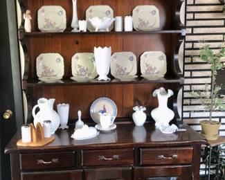 Firemen’s helmets & maybe even Smokey the bear!  Beautiful Pine hutch filled with Milkglass from Fenton & Westmoreland