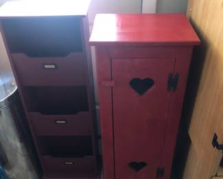 Country farm house red painted storage cabinet. Bathroom, porch, kitchen or laundry room.

Three tier “file” cabinet. Perfect for onions & potatoes or bill organizers 