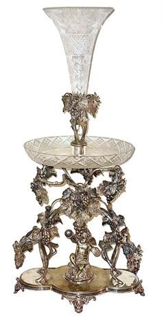 Lot 017-178  
Antique Victorian Silver Plate Epergne with Cut and Etched Crystal Glass