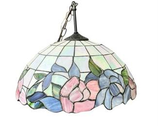 Lot 197   
Vintage Tiffany-Style Pink and Purple Floral Stained Glass Hanging Lamp