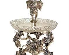 Lot 017-178  
Antique Victorian Silver Plate Epergne with Cut and Etched Crystal Glass